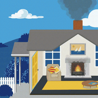 An Illustration Of A House With A Fireplace And Smoke Coming From The Chimney GIF