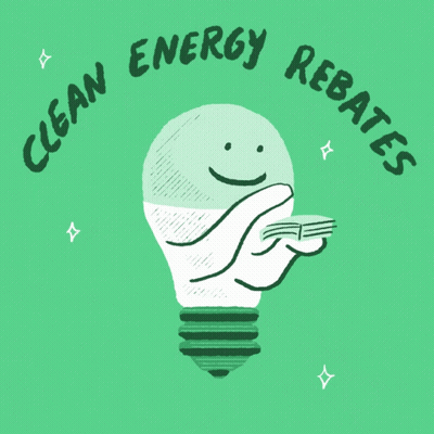 An Illustration Of A Light Bulb With The Words Clean Energy Rebates GIF