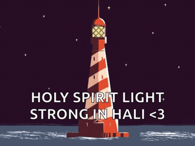 An Illustration Of A Lighthouse With The Words Holy Spirit Light Strong In Hali < 3 Below It GIF