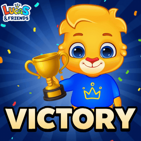 An Illustration Of A Lion Holding A Trophy With The Word Victory Underneath It GIF