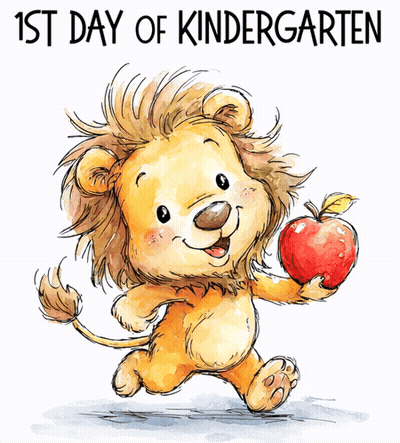 An Illustration Of A Lion Holding An Apple With The Words " 1St Day Of Kindergarten " Above It GIF