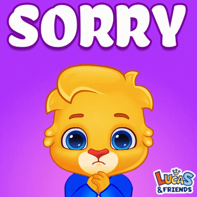 An Illustration Of A Lion Saying Sorry With Lucas & Friends Written Below It GIF