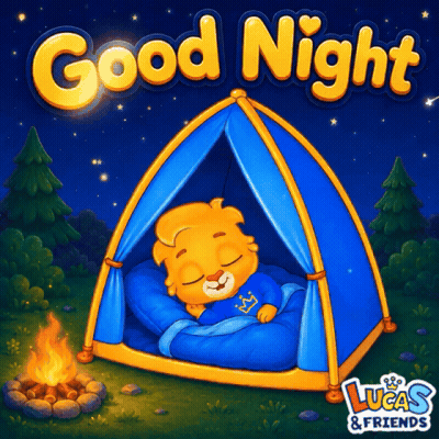 An Illustration Of A Lion Sleeping In A Tent With The Words Good Night Lucas & Friends Below It GIF
