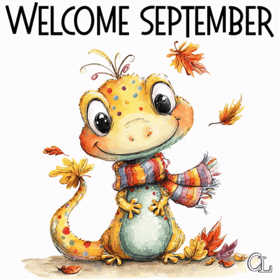 An Illustration Of A Lizard Wearing A Scarf And Leaves With The Words Welcome September Below It GIF