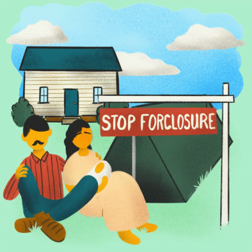 An Illustration Of A Man And A Woman Sitting Under A Sign That Says Stop Forclosure GIF