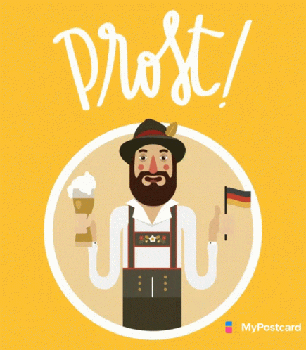 An Illustration Of A Man Holding A Beer Mug And A Flag With The Word Prost Written Above Him GIF