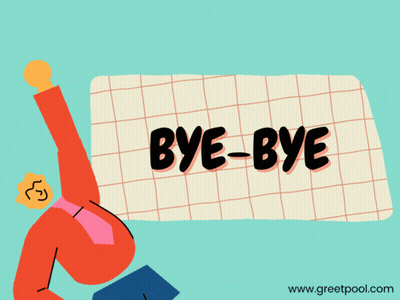 An Illustration Of A Man Holding A Book With The Words Bye-Bye Written On A Piece Of Paper GIF