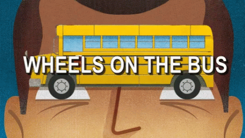 An Illustration Of A Man 'S Face With A Yellow School Bus Behind It That Says Wheels On The Bus GIF