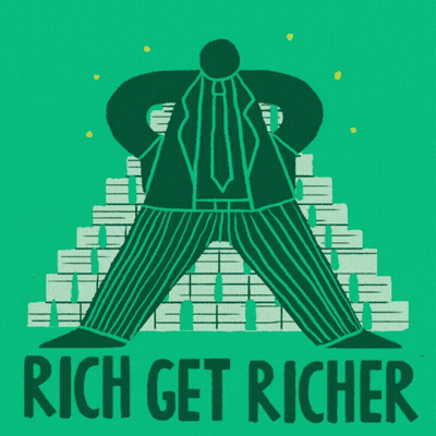 An Illustration Of A Man Standing In Front Of A Pile Of Money With The Words Rich Get Richer Written Below Him GIF