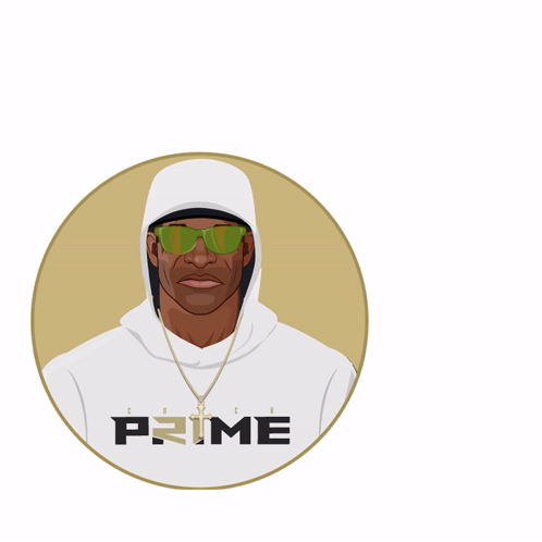 An Illustration Of A Man Wearing A White Hoodie That Says Prime On It GIF