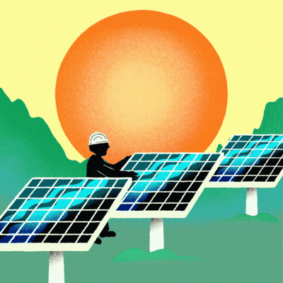 An Illustration Of A Man Working On Solar Panels With A Large Sun In The Background GIF