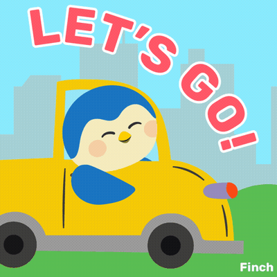 An Illustration Of A Penguin Driving A Yellow Car With The Words Let 'S Go GIF