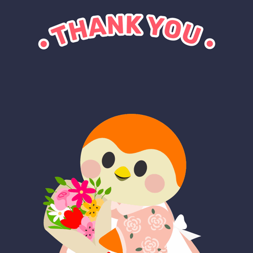An Illustration Of A Penguin Holding A Bouquet Of Flowers With The Words Thank You Above It GIF