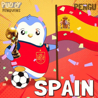 An Illustration Of A Penguin Holding A Trophy And A Flag With The Word Spain On It GIF