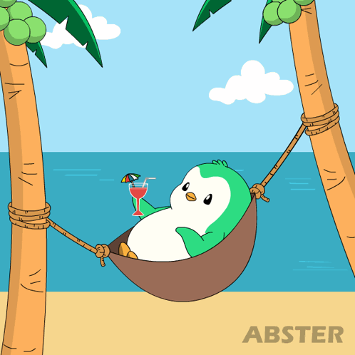 An Illustration Of A Penguin Laying In A Hammock With A Drink On The Beach GIF