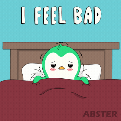 An Illustration Of A Penguin Laying In Bed With The Words I Feel Bad Above It GIF