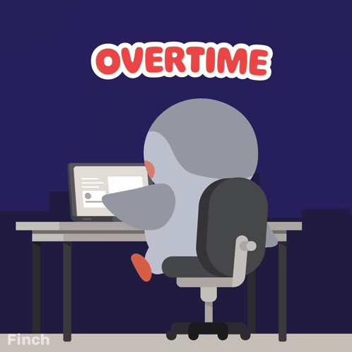 An Illustration Of A Penguin Sitting At A Desk With The Words Overtime Above Him GIF