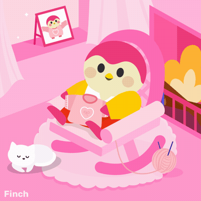 An Illustration Of A Penguin Sitting In A Rocking Chair With The Name Finch On The Bottom Right GIF