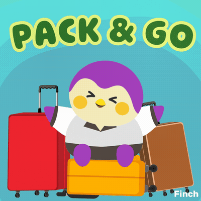An Illustration Of A Penguin Sitting On A Suitcase With The Words Pack & Go Above Him GIF