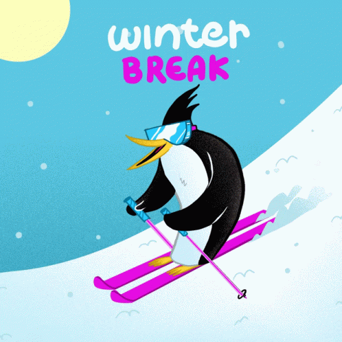 An Illustration Of A Penguin Skiing Down A Snowy Hill With The Words Winter Break Above It GIF