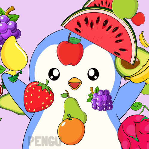 An Illustration Of A Penguin Surrounded By Fruit Including Strawberries Grapes And Watermelon GIF