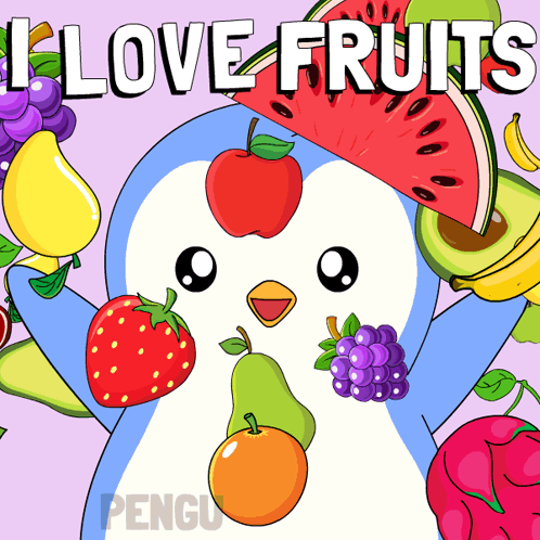 An Illustration Of A Penguin Surrounded By Fruit With The Words " I Love Fruits " GIF