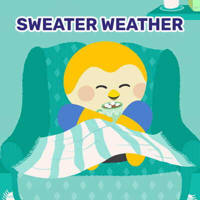 An Illustration Of A Penguin Wrapped In A Blanket With The Words " Sweater Weather " Above It GIF