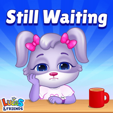 An Illustration Of A Rabbit Sitting At A Table With The Words Still Waiting Above Her GIF