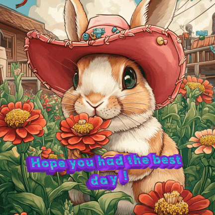 An Illustration Of A Rabbit Wearing A Cowboy Hat Holding A Flower With The Words Hope You Had The Best Day Below It GIF