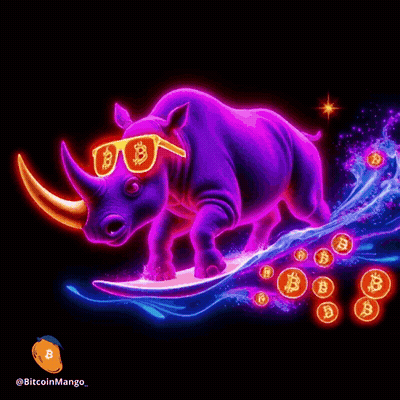 An Illustration Of A Rhino Wearing Sunglasses And Riding A Surfboard Surrounded By Bitcoin Coins GIF