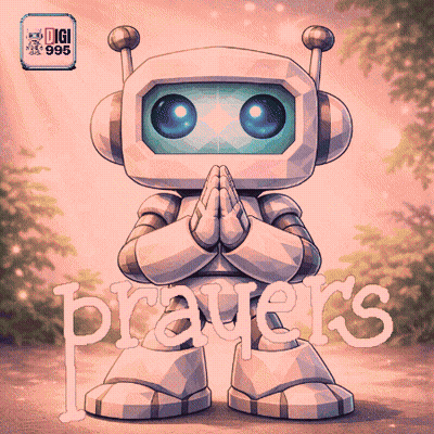 An Illustration Of A Robot Praying With The Word Prayers Behind Him GIF