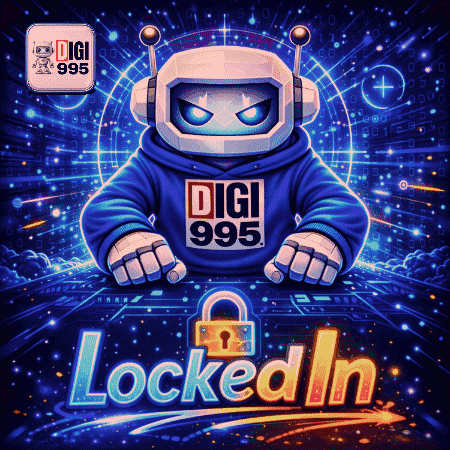 An Illustration Of A Robot Wearing A Hoodie That Says Digi 995 Locked In GIF
