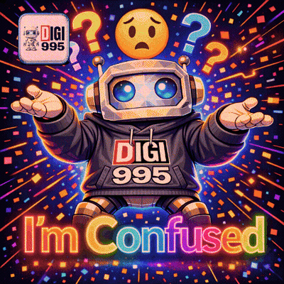 An Illustration Of A Robot With A Hoodie That Says Digi 995 I 'M Confused GIF