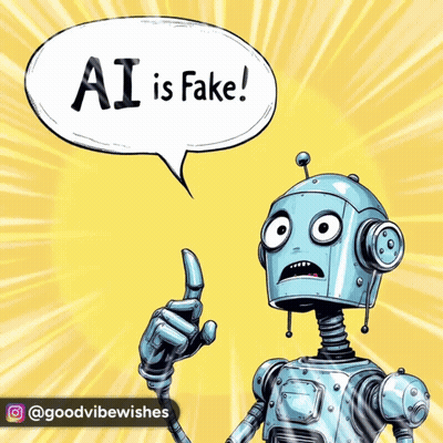 An Illustration Of A Robot With A Speech Bubble That Says Ai Is Fake GIF