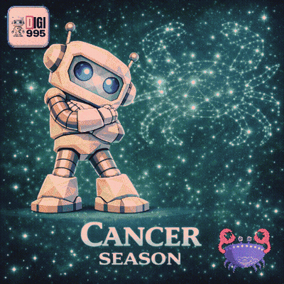 An Illustration Of A Robot With Arms Crossed And The Words Cancer Season GIF