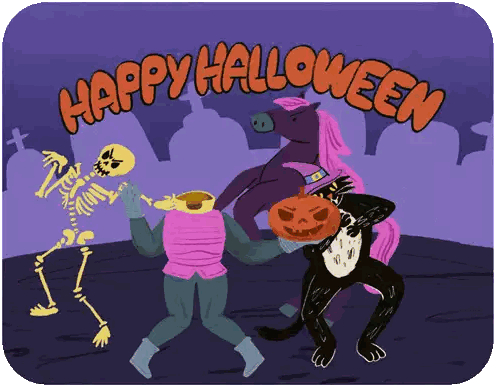 An Illustration Of A Skeleton A Cat And A Unicorn With The Words Happy Halloween Sticker