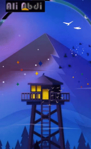 An Illustration Of A Tower With Birds Flying Around It And A Mountain In The Background With A Sign That Says Niji GIF