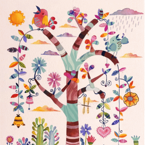 An Illustration Of A Tree With Flowers And Birds On It GIF