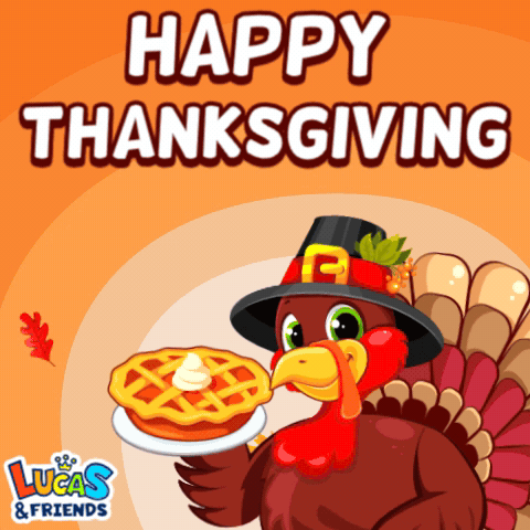 An Illustration Of A Turkey Holding A Pie And The Words Happy Thanksgiving GIF