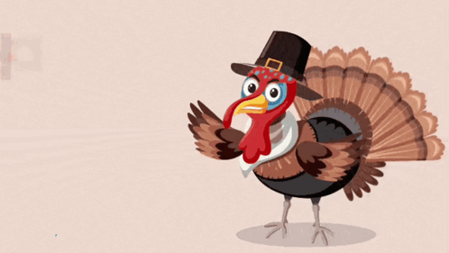 An Illustration Of A Turkey Wearing A Pilgrim Hat And Scarf With The Words Happy Thanksgiving Below It GIF