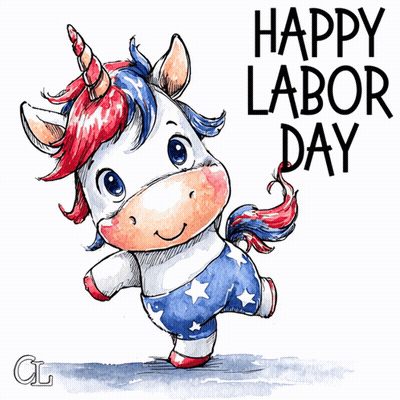 An Illustration Of A Unicorn With The Words Happy Labor Day GIF