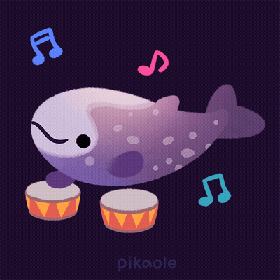 An Illustration Of A Whale Playing Drums With Music Notes Behind It And The Name Pikaole At The Bottom GIF