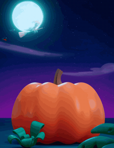 An Illustration Of A Witch On A Broom Flying Over A Pumpkin GIF