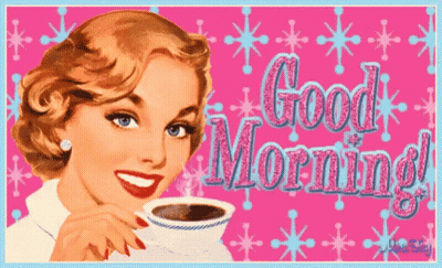 An Illustration Of A Woman Holding A Cup Of Coffee With The Words Good Morning GIF