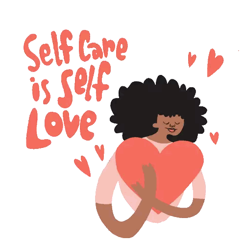 An Illustration Of A Woman Hugging A Heart With The Words Self Care Is Self Love Above Her Sticker