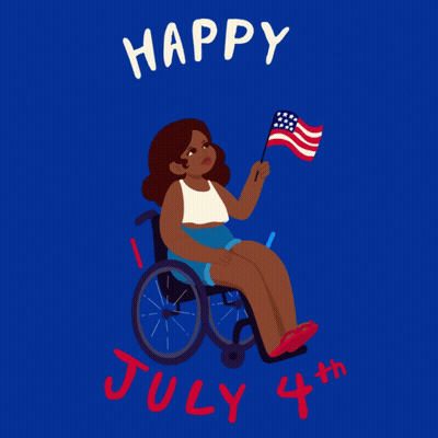 An Illustration Of A Woman In A Wheelchair Holding An American Flag With The Words Happy July 4Th GIF