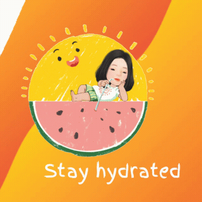An Illustration Of A Woman Laying In A Slice Of Watermelon With The Words " Stay Hydrated " Below It GIF