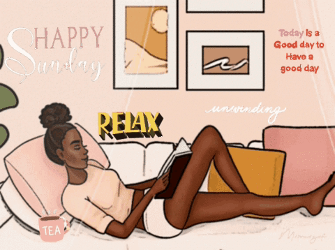 An Illustration Of A Woman Laying On A Bed Reading A Book With The Words Happy Sunday Below Her GIF