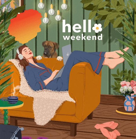 An Illustration Of A Woman Laying On A Couch With Her Dog And The Words Hello Weekend GIF
