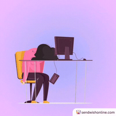 An Illustration Of A Woman Sitting At A Desk With Her Head Resting On A Computer Monitor GIF
